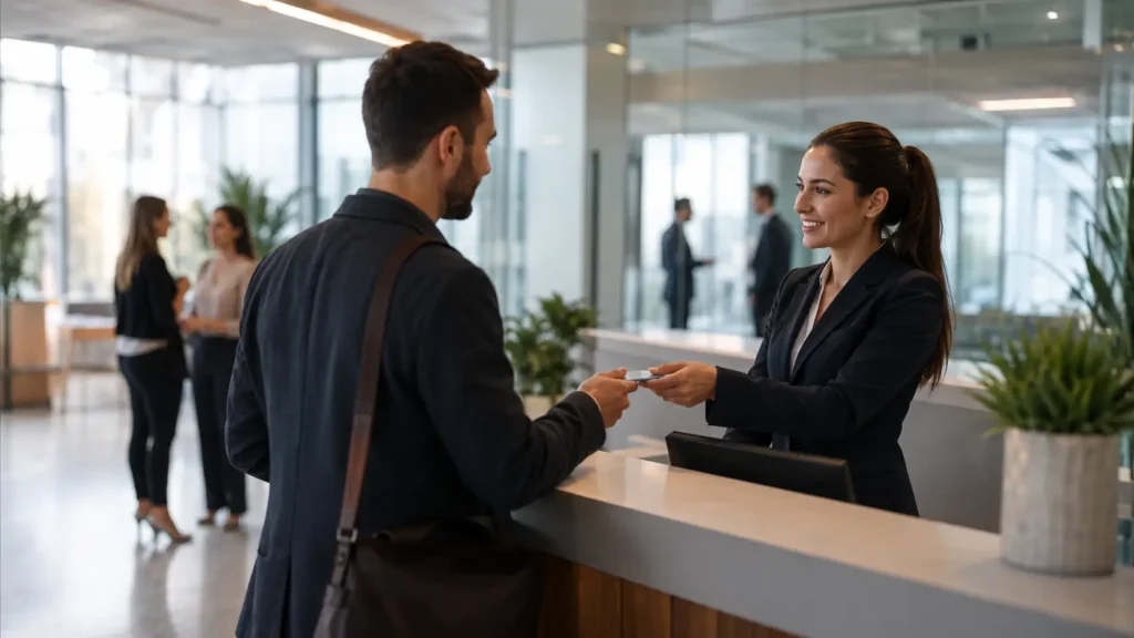 Accueil professionnel dans un hall par une hôtesse réceptionniste