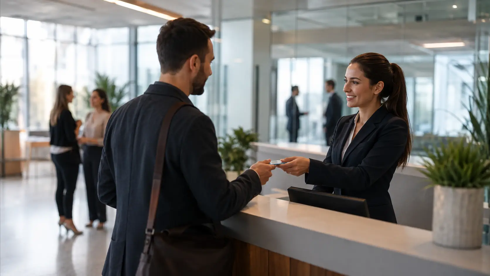 Accueil professionnel dans un hall par une hôtesse réceptionniste
