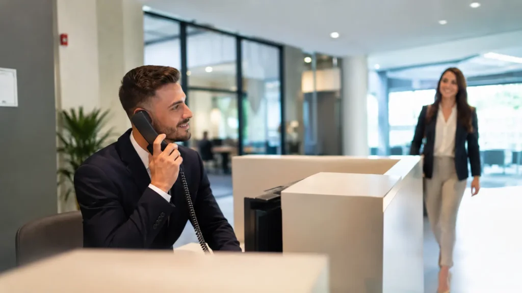 Accueil téléphonique dans un bureau moderne par un hôte professionnel